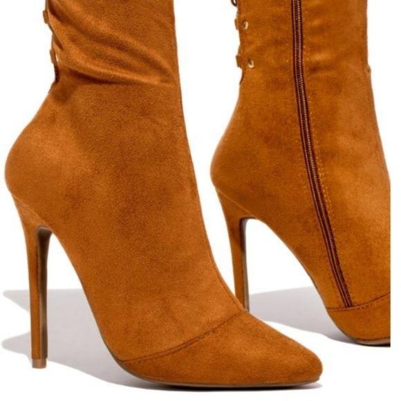 Stretchy Over the Knee Lace Up Boots in Tan - Picture 6 of 12